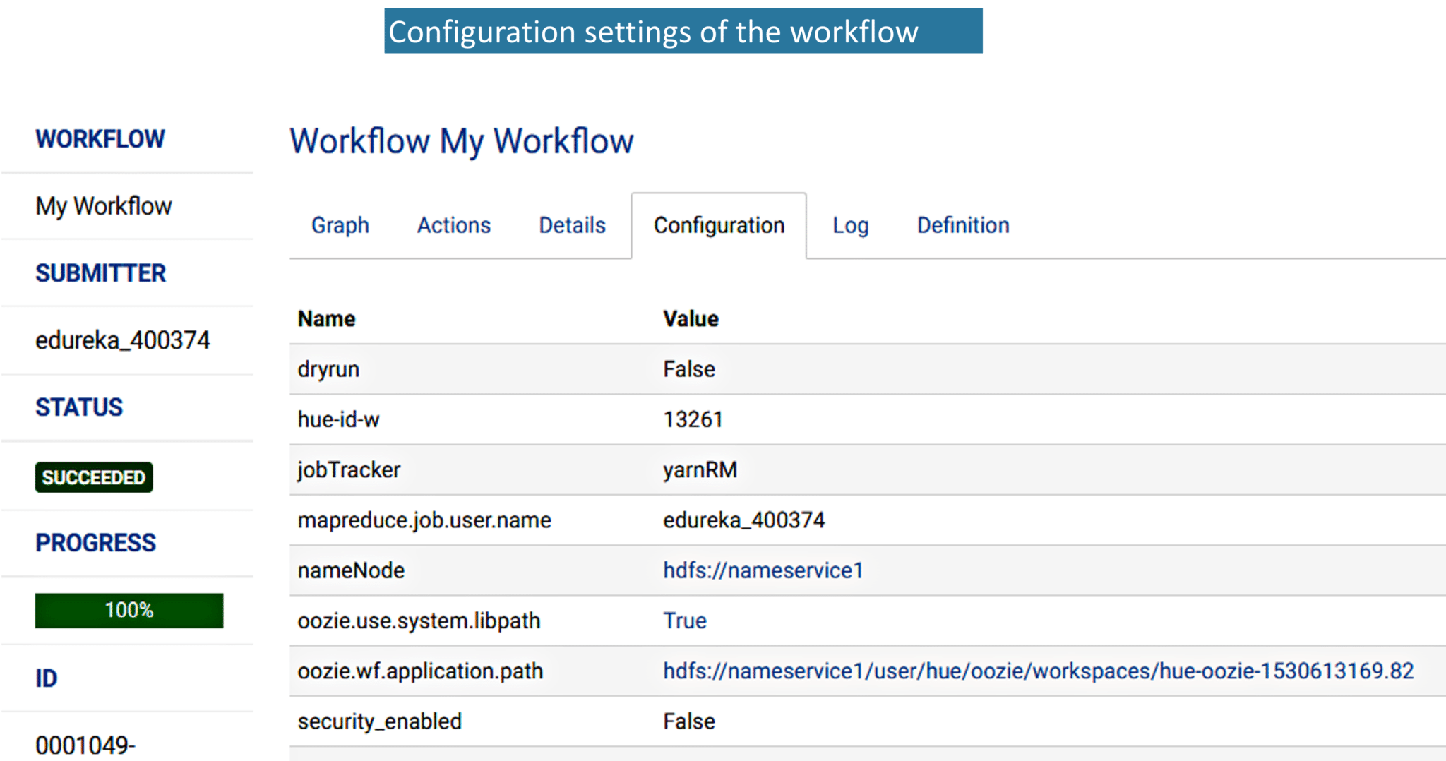  Fig: Configuration settings of the Oozie workflow