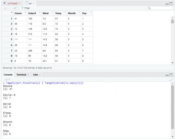 Code snippet to find number of null values in each column in a